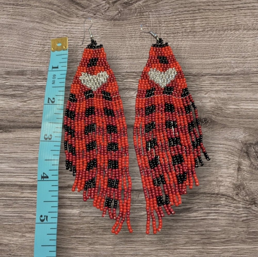Handcrafted Buffalo Check Plaid Beaded Dangle Earrings - Picture 2 of 4